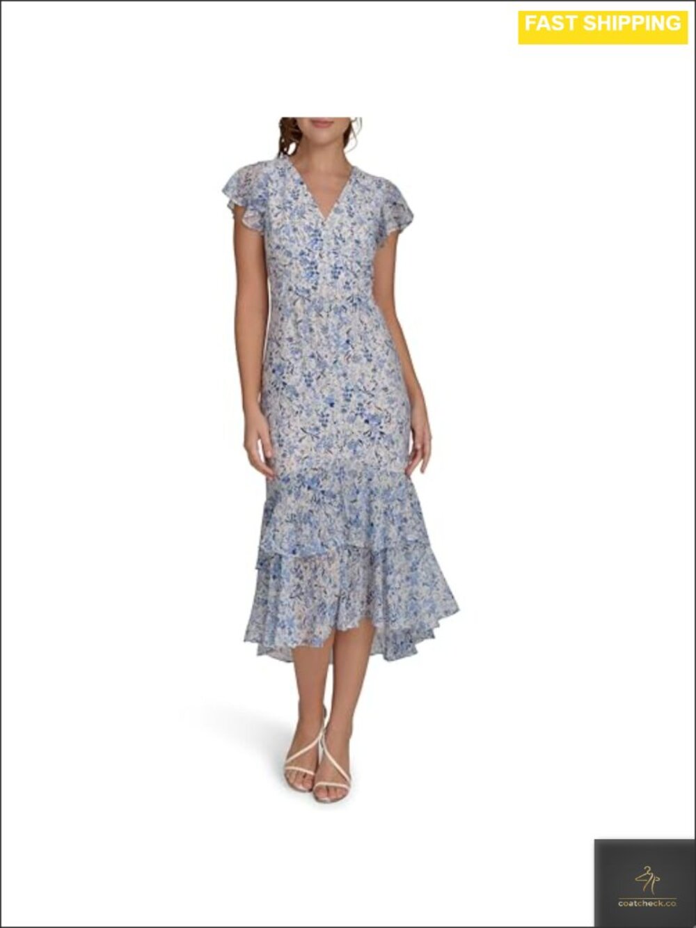 Flutter Sleeve V-Neck Ruffle Trim Hi-Lo Midi Dress